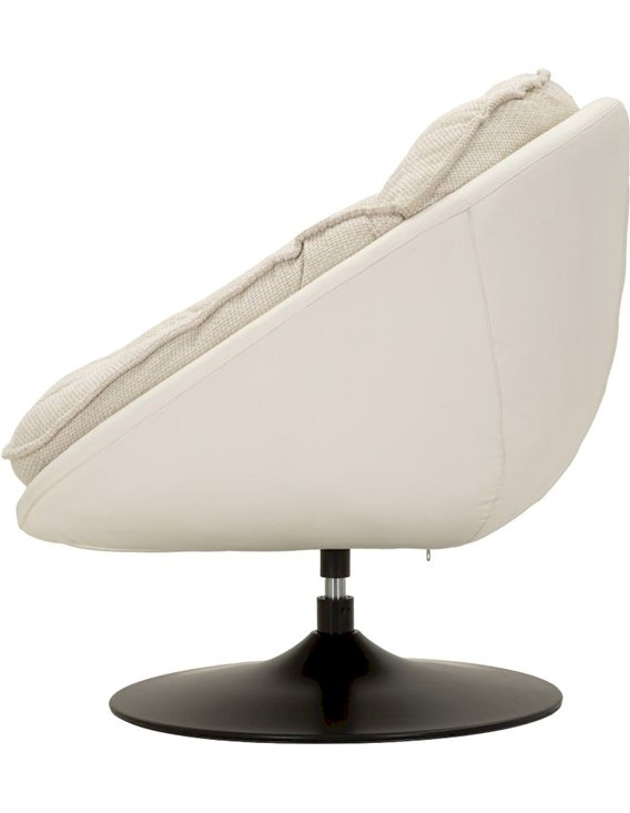 Fauteuil pivotant rétro enveloppant crème de profil, coque blanche et base noire