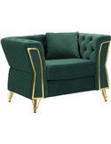 Fauteuil capitonné vert émeraude avec coussin, vue de trois quarts avant
