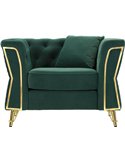 Fauteuil capitonné vert émeraude vu de face, accoudoirs bordés de métal doré