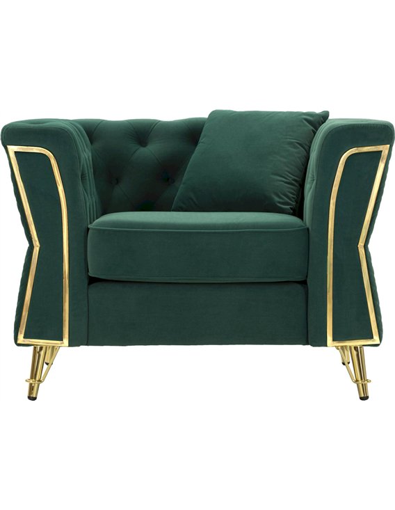 Fauteuil capitonné vert émeraude vu de face, accoudoirs bordés de métal doré