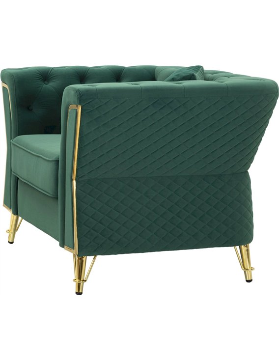 Fauteuil capitonné vert émeraude vu de trois quarts arrière, flanc matelassé