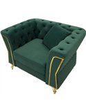 Fauteuil capitonné vert émeraude vu de trois quarts, dossier boutonné en relief