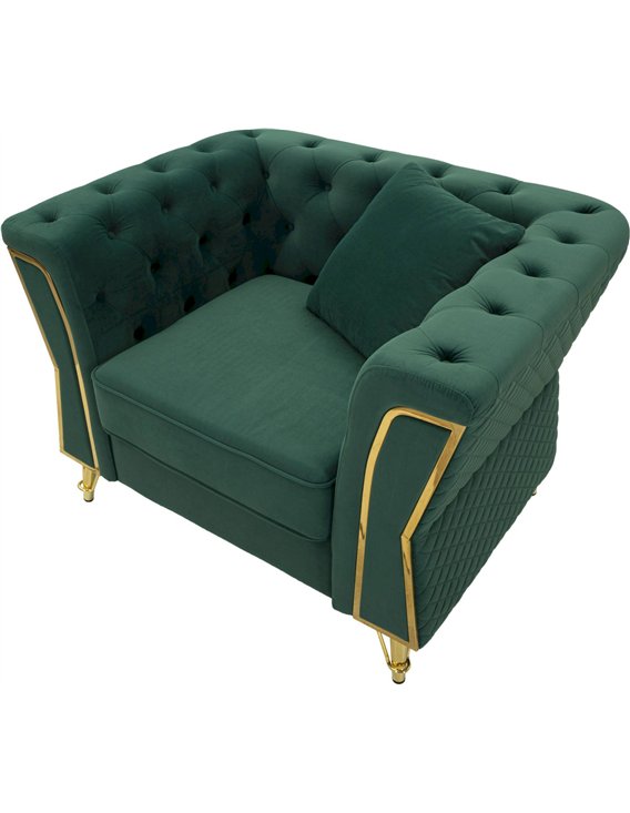 Fauteuil capitonné vert émeraude vu de trois quarts, dossier boutonné en relief