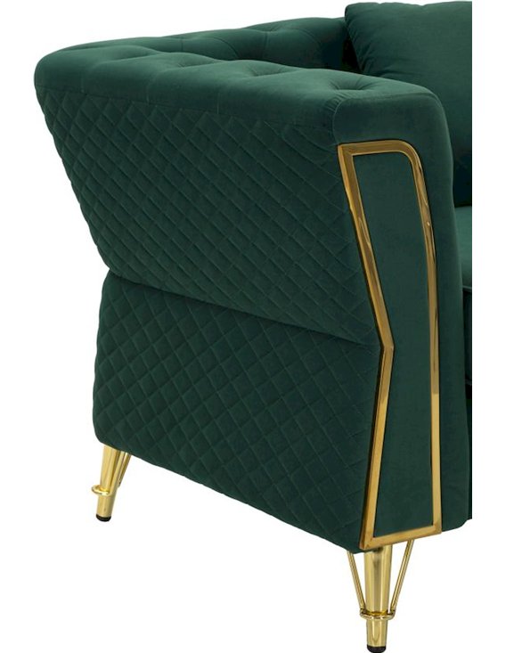 Fauteuil capitonné avec coussin en velours vert, détail de l'accoudoir matelassé et du montant doré