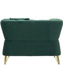 Fauteuil capitonné vert vu de dos, matelassage en losanges et pieds dorés