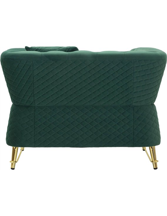 Fauteuil capitonné vert vu de dos, matelassage en losanges et pieds dorés