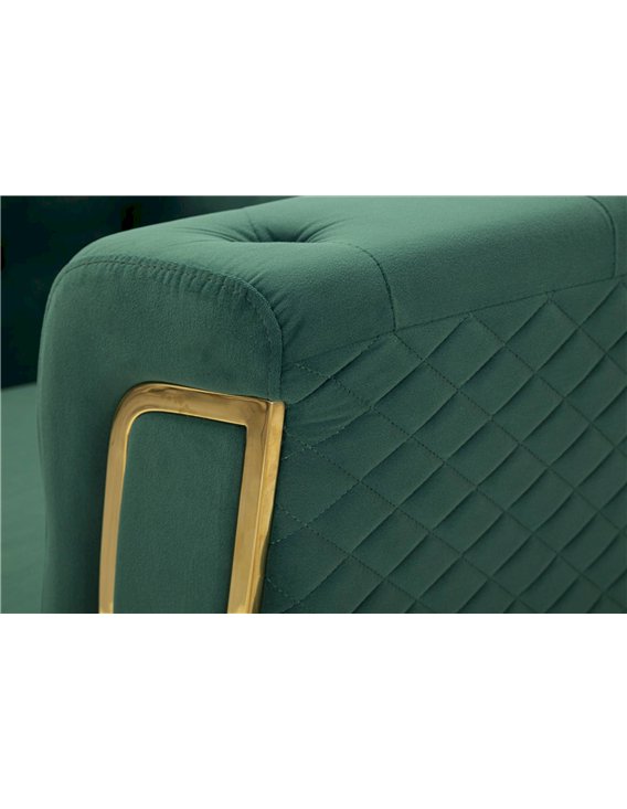 Détail de l'accoudoir vert avec matelassage en losanges et bordure dorée