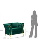 Fauteuil vert vu de côté avec dimensions : 104 cm de large, 83 cm de profondeur, 76 cm de hauteur