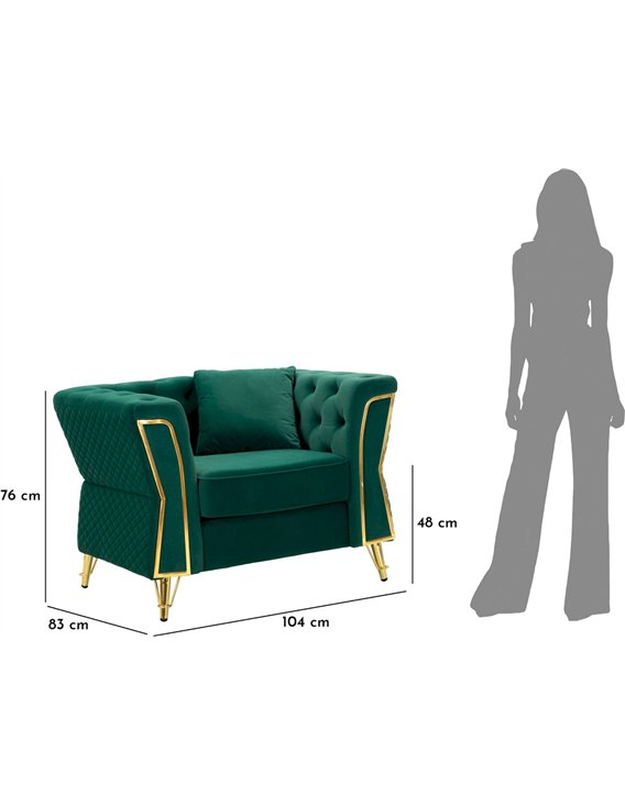 Fauteuil vert vu de côté avec dimensions : 104 cm de large, 83 cm de profondeur, 76 cm de hauteur