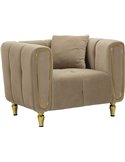 Fauteuil taupe vu de trois quarts avant, coussin assorti