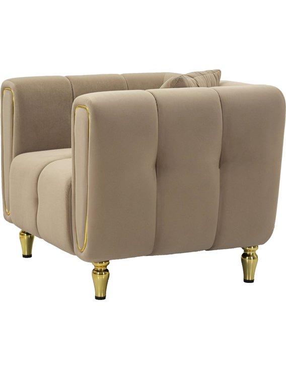 Fauteuil taupe vu de trois quarts arrière, capitonnage vertical