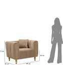 Fauteuil taupe vu de face avec cotes de dimensions et silhouette humaine