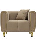 Fauteuil taupe vu de face, coussin appuyé contre l'accoudoir
