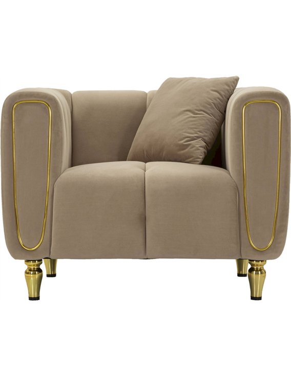 Fauteuil taupe vu de face, coussin appuyé contre l'accoudoir