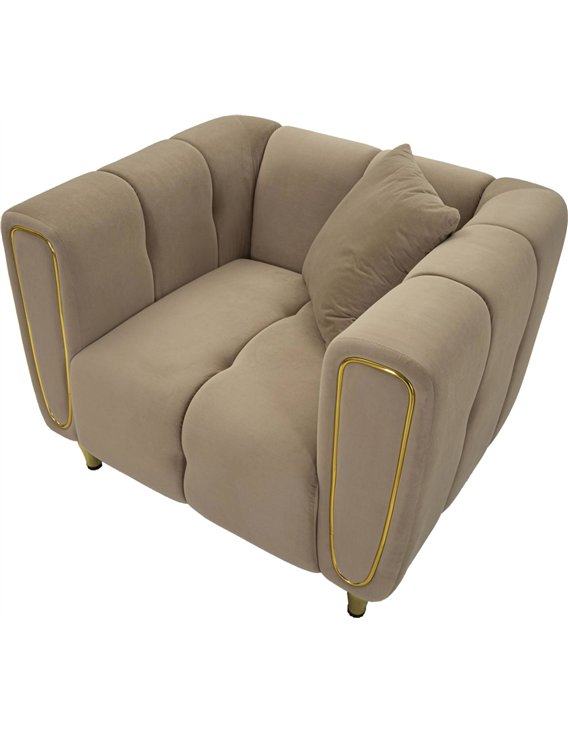 Fauteuil taupe vu de dessus, assise rembourrée et coussin