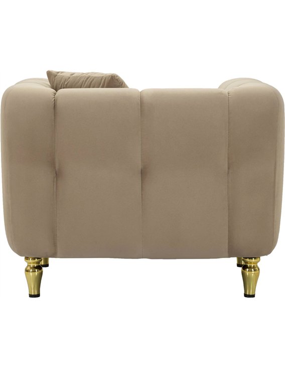 Fauteuil capitonné beige vu de dos, dossier à coutures verticales