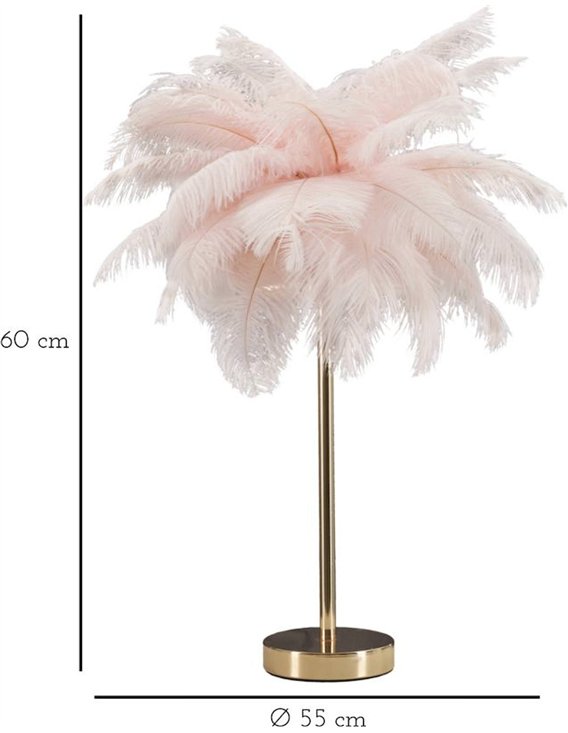 Lampe à poser plumeuse rose, schéma avec hauteur 60 cm et diamètre 55 cm