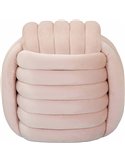 Pouf rose en velours vu de face, rangées de boudins horizontaux