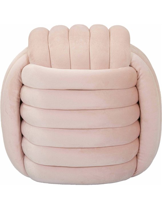 Pouf rose en velours vu de face, rangées de boudins horizontaux