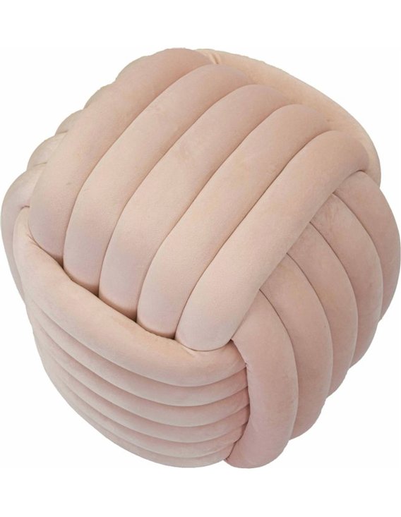 Pouf rose en velours vu de dessus et de biais, boudins tressés