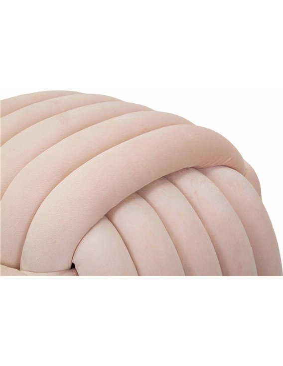 Pouf rose en velours, détail des boudins du dessus en gros plan