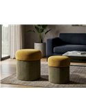 Lot de poufs coffre à côtes vert olive, couvercles jaune moutarde