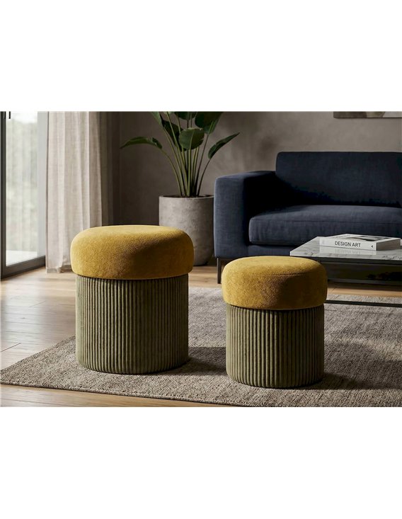 Lot de poufs coffre à côtes vert olive, couvercles jaune moutarde