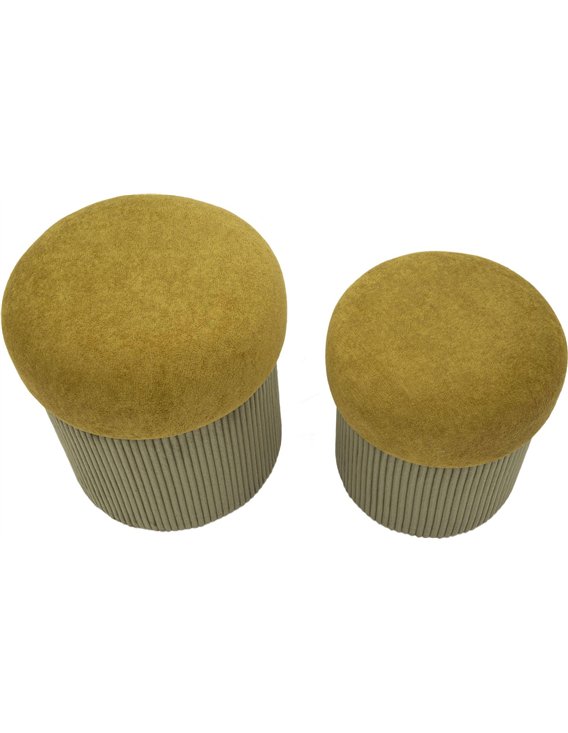 Deux poufs coffre vert olive et jaune vus de face