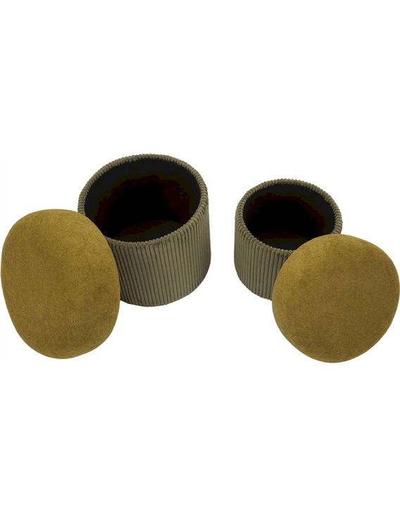 Vue de dessus des deux poufs vert olive, assises jaunes