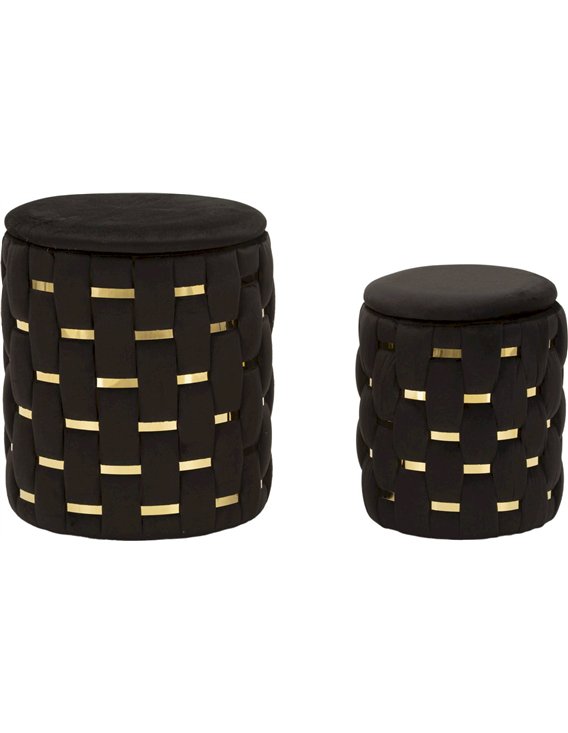 Poufs noirs tressés vus de face, assise rembourrée et bandes dorées