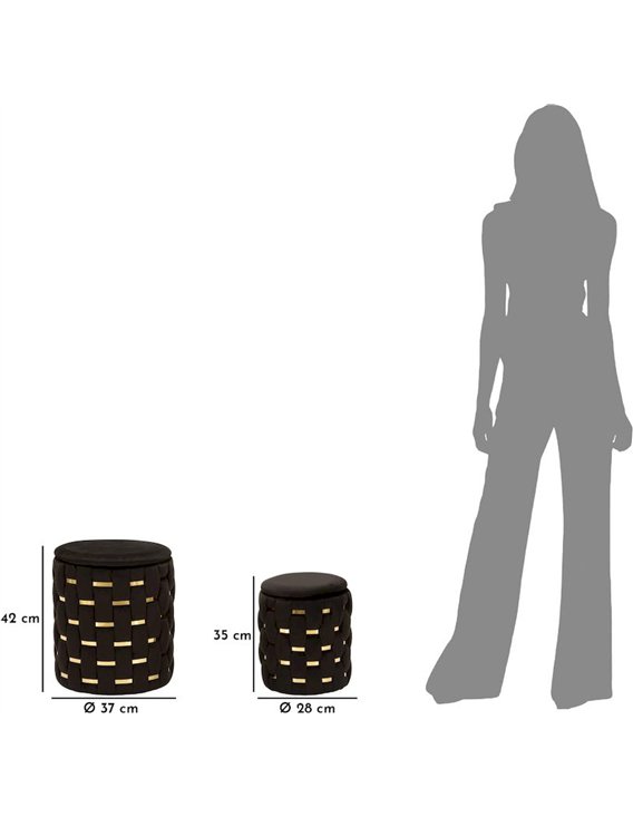 Schéma des dimensions : grand pouf de 42 cm de haut et 37 cm de diamètre, petit de 35 cm et 28 cm