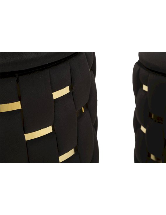 Détail des flancs tressés noirs et des bandes dorées d'un pouf