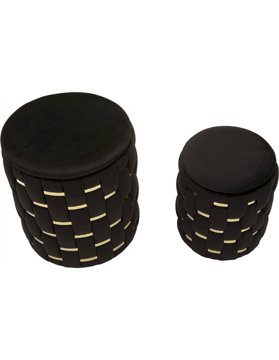 Poufs noirs tressés vus de dessus, assises rembourrées sans couvercles