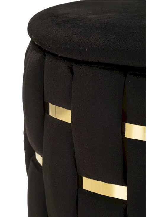 Détail rapproché du tressage noir et des bandes dorées sur le flanc d'un pouf
