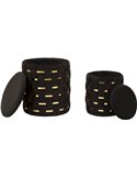 Lot de 2 poufs ronds noirs tressés aux bandes dorées, couvercles ouverts