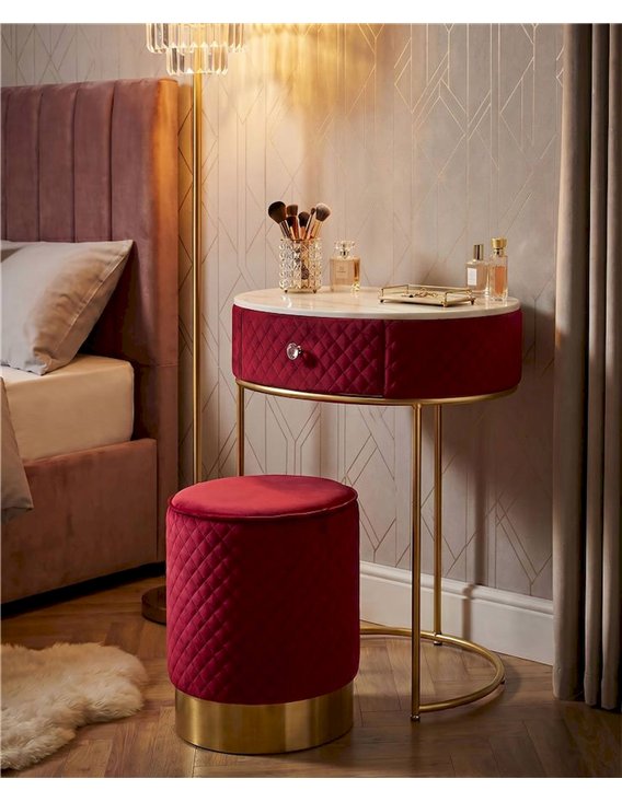 Coiffeuse ronde rouge bordeaux avec pouf assorti et pied doré