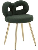 Chaise mini bouclette au dossier enveloppant, vue de face en vert foncé sur pieds dorés