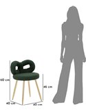 Chaise mini bouclette au dossier enveloppant, schéma des dimensions avec silhouette humaine