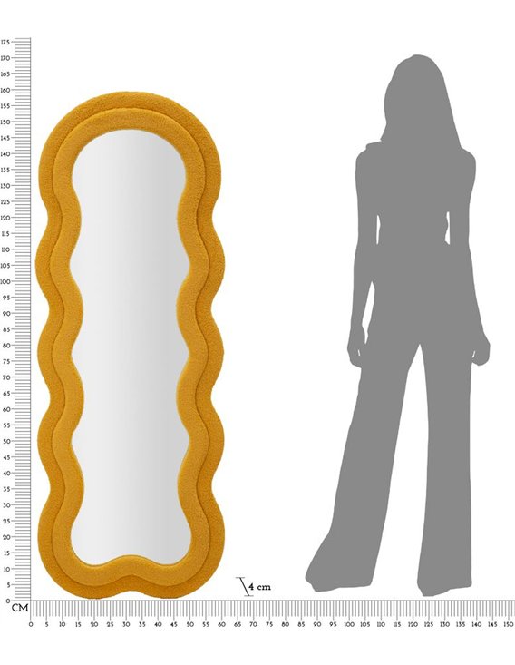 Schéma de dimensions du miroir ondulé jaune avec silhouette humaine