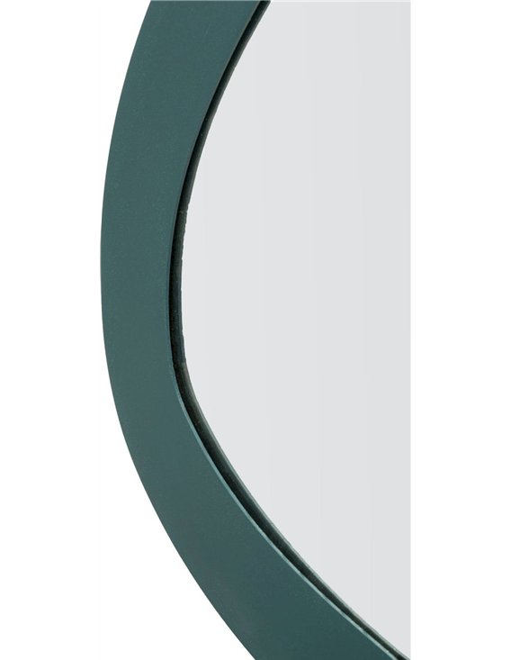 Vue de profil du cadre vert et de sa découpe incurvée contre le miroir