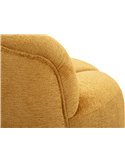 Canapé 2 places aux volumes arrondis, détail de l'accoudoir et du dossier en tissu bouclé jaune moutarde