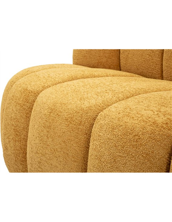 Canapé 2 places aux volumes arrondis, vue rapprochée des modules d'assise bouclés jaune moutarde