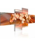 Tableau orchidée blanche sur fond d'automne, quatre panneaux en tons orangés et crème