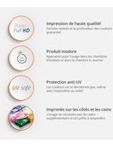 Schéma des atouts du tableau : impression haute qualité, produit inodore, protection anti-UV, bords imprimés