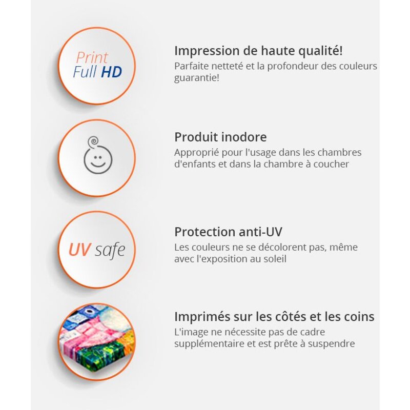 Schéma des atouts du tableau : impression haute qualité, produit inodore, protection anti-UV, bords imprimés