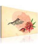 Tableau premier vol avec colibri argenté et fleur rouge sur fond beige