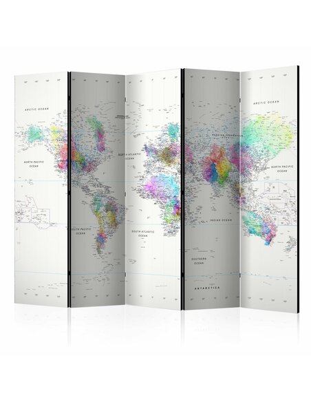 Paravent 5 volets WHITE-COLORFUL WORLD MAP - par Artgeist