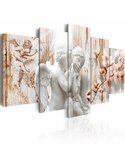 Tableau sentiments délicats en cinq panneaux, angelots blancs et branches de fleurs roses sur fond beige
