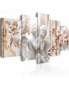 Tableau sentiments délicats en cinq panneaux, angelots blancs et branches de fleurs roses sur fond beige