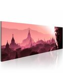 Tableau rose d'orient avec silhouettes de pagodes et tête de Bouddha en tons roses